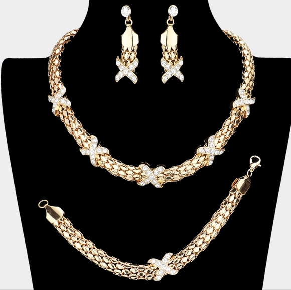 Gold 3 Piece X Crossed Crystal Necklace Jewelry Set Rhinestone Statement Chain - Picture 5 of 5